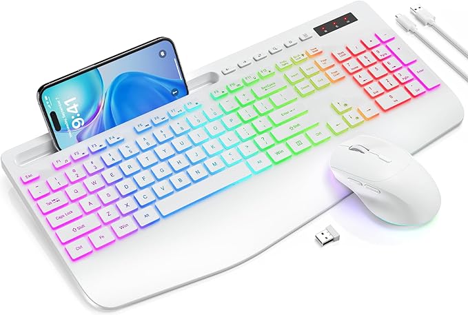 Wireless Keyboard and Mouse Backlits, Wrist Rest, LED Mouse, Rechargeable Ergonomic Keyboard with Phone Holder, Silent Light Up Combo for Computer, Mac, PC, Laptop, Chromebook (White)
