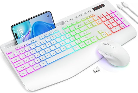 Wireless Keyboard and Mouse Backlits, Wrist Rest, LED Mouse, Rechargeable Ergonomic Keyboard with Phone Holder, Silent Light Up Combo for Computer, Mac, PC, Laptop, Chromebook (White)