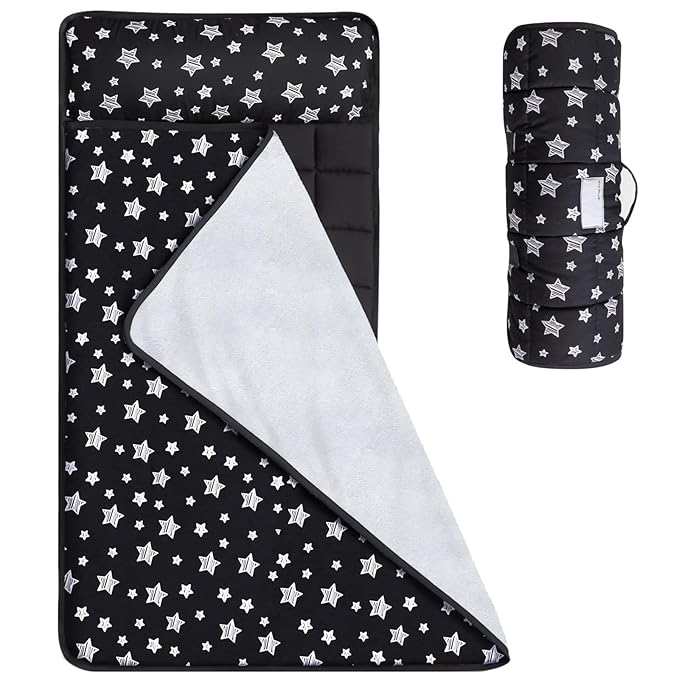 Toddler Sleeping Bag Nap Mat Black with Fleece Blanket, Lightweight, Soft Perfect for Kids Preschool, Daycare, Travel Sleeping Bag Boys Girls, 21" x 50" Fit Standard Cot