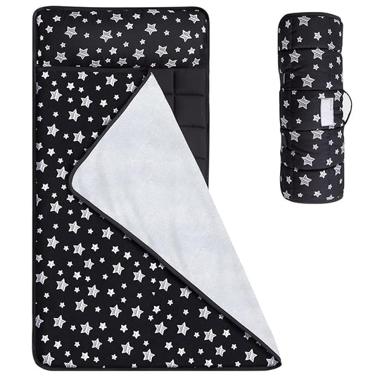 Toddler Sleeping Bag Nap Mat Black with Fleece Blanket, Lightweight, Soft Perfect for Kids Preschool, Daycare, Travel Sleeping Bag Boys Girls, 21" x 50" Fit Standard Cot