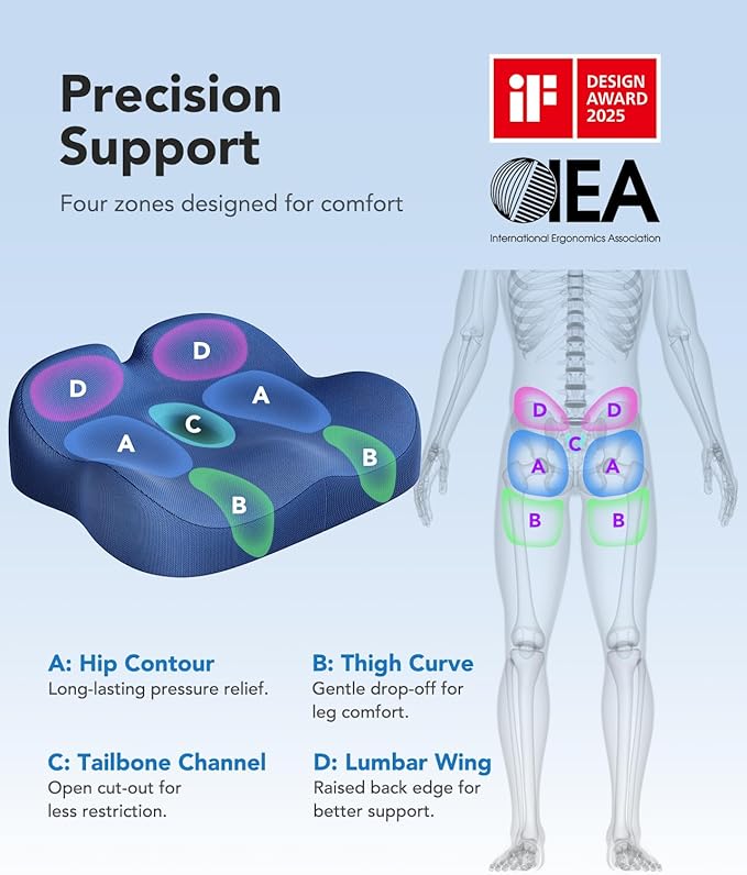 HUANUO Ergonomic Seat Cushion, Memory Foam Cooling Gel Office Chair Cushion for Hip Support, Tailbone Pressure Relief, Breathable Car Seat Cushion for Home, Work, Driving