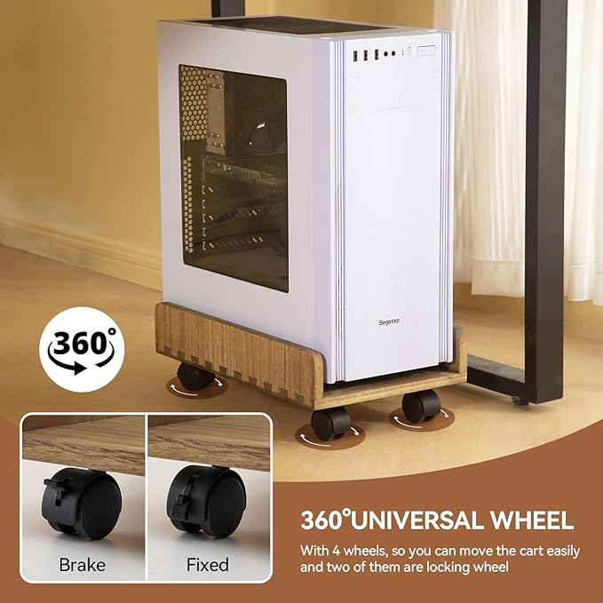 KIRIGEN Computer Tower Stand Cart - Heavy Duty Desktop Mobile Cart Holder for Computer Host with 4 Mute Caster Wheels - Wood Rolling ATX PC Case Rack, CPU Case Protecting Shelf (ZJJ Dark Brown)