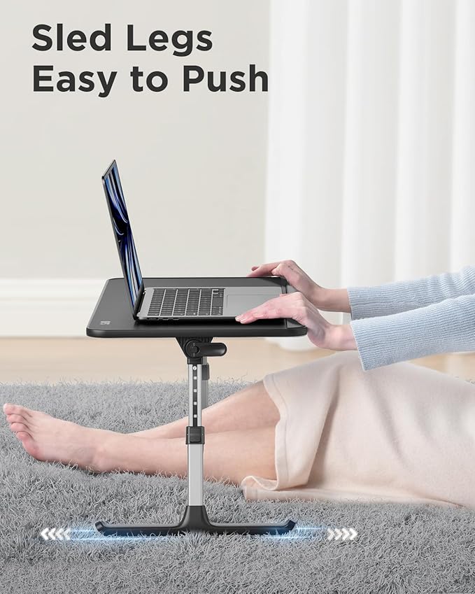 SAIJI PU Leather Laptop Bed Tray Table, Adjustable Laptop Stand with Removable Stopper, Portable Lap Desks with Foldable Legs, Notebook Stand Breakfast Reading Desk for Sofa Couch(Large, Black)