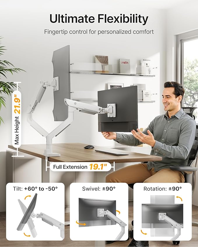 monTEK Sleek Aluminum Monitor Arm for 17–57” Ultrawide Screens up to 59 lbs, USB 3.0 A/C, Heavy Duty Single Monitor Arm Desk Mount, Pneumatic Lift, Quick-Release Plate, Clamp/Grommet, Max VESA 100x100