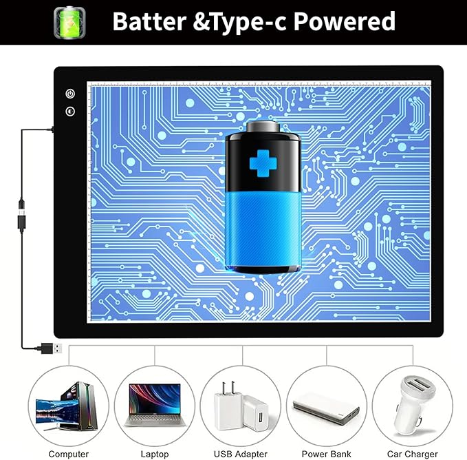 Rechargeable A2 Light Pad, Wireless Battery Powered Artist Tracing Light Box, 3 Colors/6-Level/Stepless Adjusted Brightness Large Light Board for Diamond Painting, Cricut Weeding Vinyl, Art