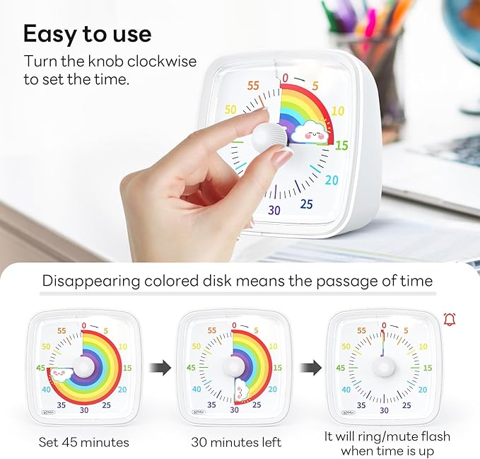 Yunbaoit Visual Timer with Night Light, 60-Minute Rainbow Countdown Timer for Kids and Adults, Time Management Tool for Home, School, Kitchen, or Office (White)