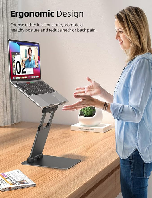 Nulaxy Height Adjustable Laptop Stand for Desk, Dual Foldable Aluminum Computer Riser, Pull Out Design Ergonomic Sit to Notebook Holder Convertor, Compatible with All 10-17" Laptops, Tablets, Gray