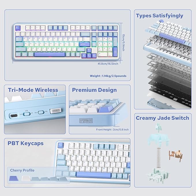EPOMAKER TH99 Tri-Mode Wireless Mechanical Keyboard with 8000mAh Battery, Hot Swappable Custom RGB Gaming Keyboard with Numpad, Gasket Creamy for PC/Mac/Office (Blue&White)