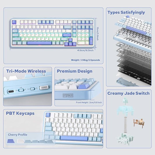 EPOMAKER TH99 Tri-Mode Wireless Mechanical Keyboard with 8000mAh Battery, Hot Swappable Custom RGB Gaming Keyboard with Numpad, Gasket Creamy for PC/Mac/Office (Blue&White)