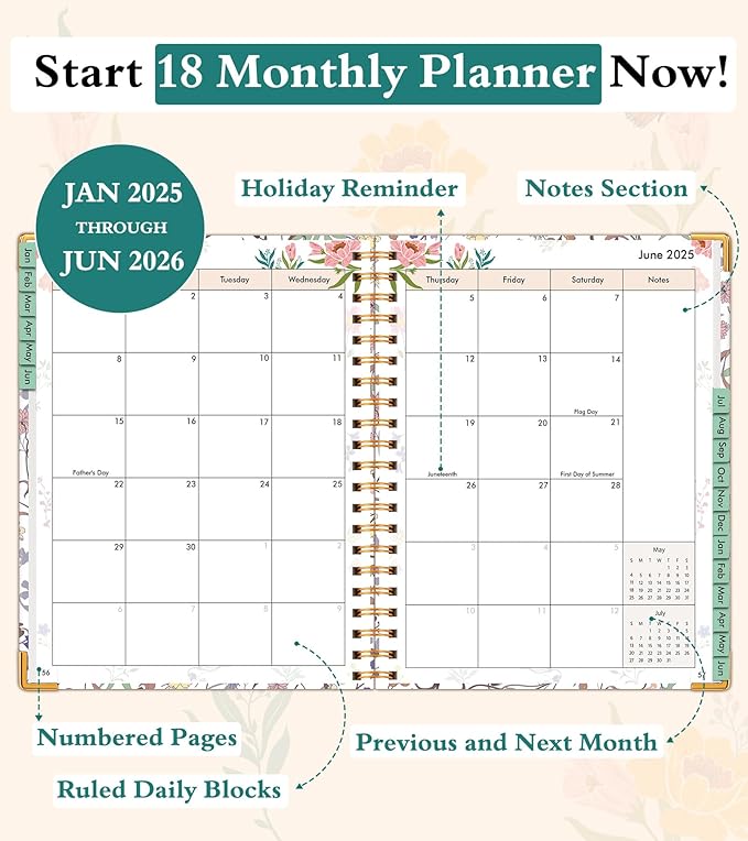 2025-2026 Appointment Book, Academic Planner 18 Months Weekly and Monthly (July 2025 - December 2026), 8.5"x11" Daily Hourly Planner 60-Minute time Slots, Spiral Calendar Schedule Book for Work School Teacher Student, Purple Floral