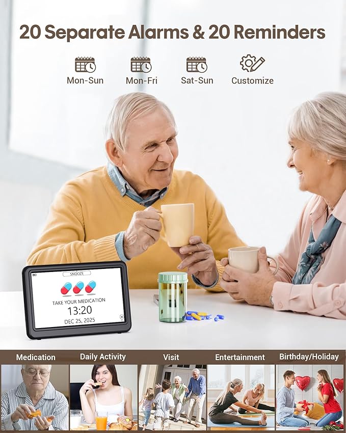 Clock with Day and Date for Elderly Battery Operated, Rechargeable Digital Calendar Clock with 12 Display Modes, 20 Alarms and Medicine Reminders, Dementia Clock for Seniors Memory Loss Alzheimer's