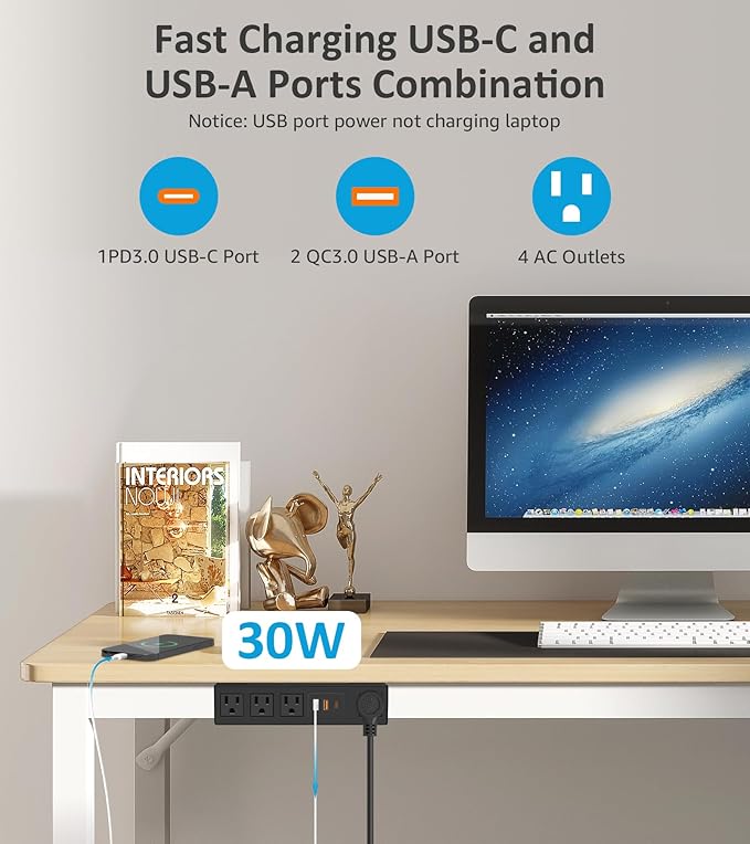 HHSOET Under Desk Power Strip with 3M Adhesive, Removable Under Desktop Mount Plug with 30W Fast Charging USB C and USB A Ports, 4 Outlet Under Table Surge Protector 1200J, 6FT Extension Cord. (Black)