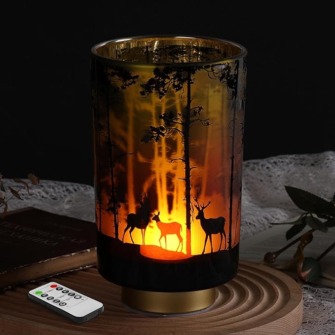 Eywamage Large Battery Operated Table Lamp with Remote, Forest Deer Accent Lamp, Cordless Glass Lamp for Bedroom Living Room