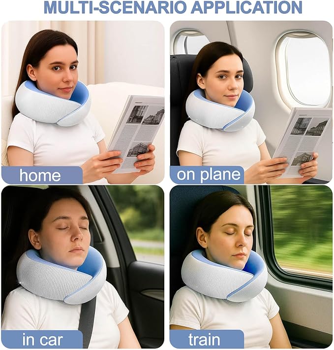 Travel Pillows for Airplanes,Memory Foam Neck Pillow for Traveling,Smooth & Cooling Fabric Plane Pillow for Long Flight,Ideal for Travels,Airplanes,Offices,Cars,Trains (Blue, Standard-Broad Fit)