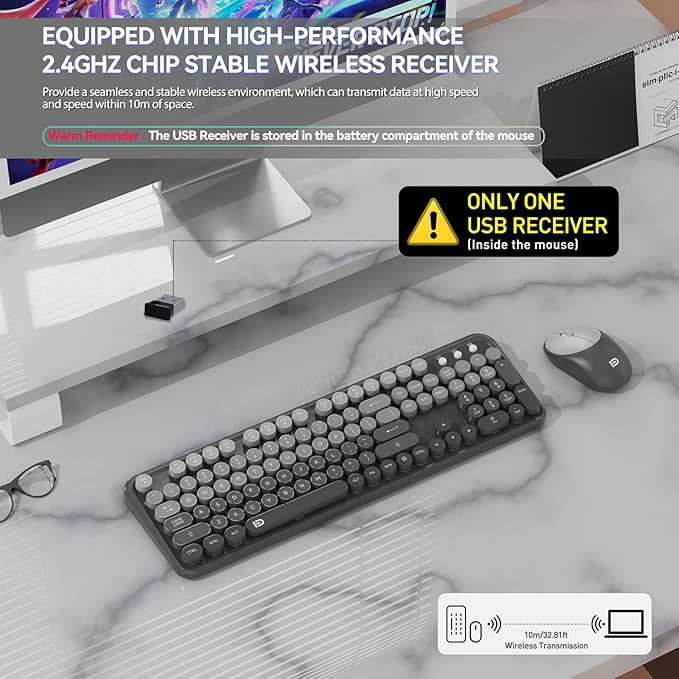 FOPETT Wireless Keyboard and Mouse Combo - Cute Colorful Mouse and Keyboard 2.4G Full-Sized with 104 Round Keys Retro Typewriter Keyboards for Laptop/Windows/PC - Grey Gradient