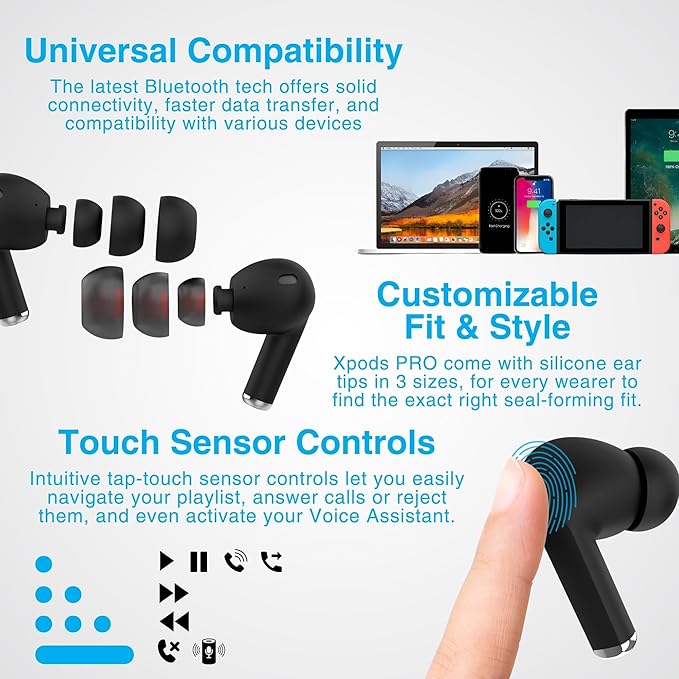 Naztech Xpods PRO Ear Buds - (Black) True Wireless Earbuds Noise Cancelling Earbuds Wireless Bluetooth Earphone for Gym Sound Cancelling in Ear Headphones Fitness Earphones Includes Charging Case