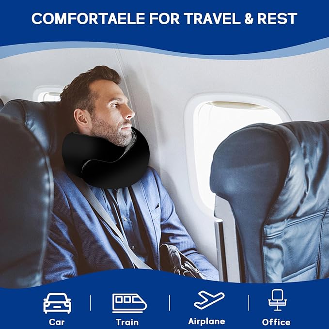 Badink®l Memory Foam Neck Travel Pillow, Neck Pillow Airplane with MagicStrap – Adjustable Ergonomic Travel Pillow for Office/Airplane/Car, Washable Cover, Portable Cervical Support （Black）