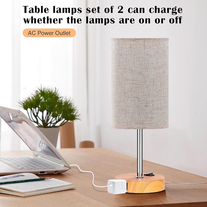 ZJOJO Table Lamp for Bedroom Set of 2, Bedside Small Lamps with 3 Way Dimmable Rocker Switch & AC Outlet, Nightstand Desk Lamp with Flaxen Fabric Shade Woodgrain Base for Living Room Home Decor Lights