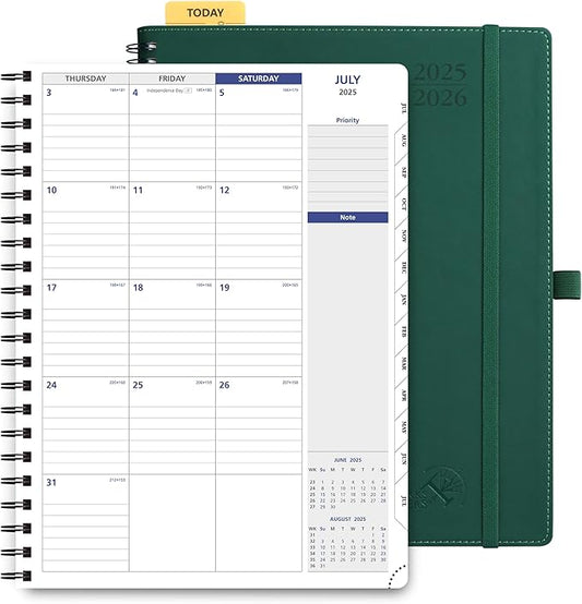 POPRUN 2025-2026 Monthly Planner Spiral Bound, 8.5'' x 11.25'' Academic Calendar (July 2025-July 2026) Appointment Book with Stair Tabs, Leather Cover, 4 Pages per Month with Notes - Forest Green