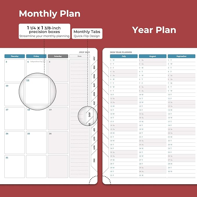 Planner 2025-2026 Daily Weekly and Monthly,8.5"x6.5",18 Months Spiral Bound Calendar Agenda with Self-adhesive Pen Holder,2026 Academic Plan with Vegan Leather Soft Cover,Red