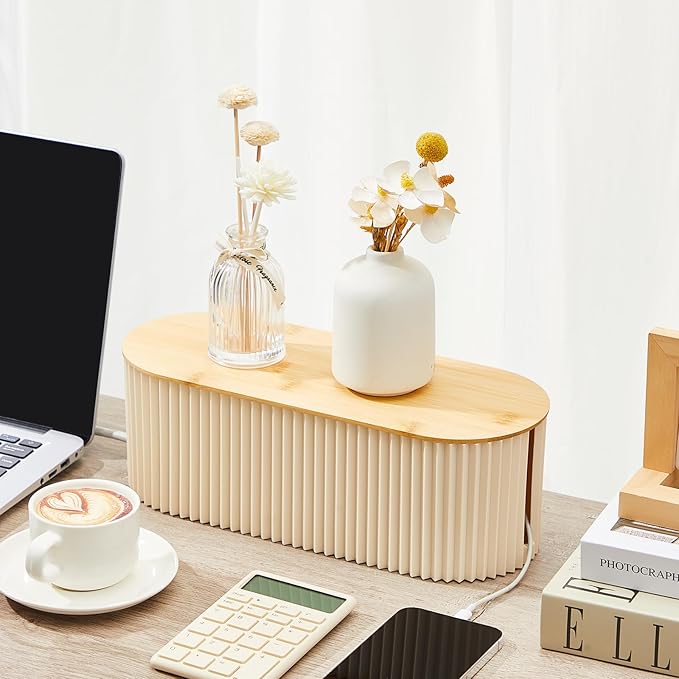 Marsui 2 Pcs Cable Management Box Cord Hider Organizer with 46 Pcs Cable Management Kit Wire Box for Power Strips Surge Protectors Desk TV Computer Wires Home Office(Frost White, Wood Color)