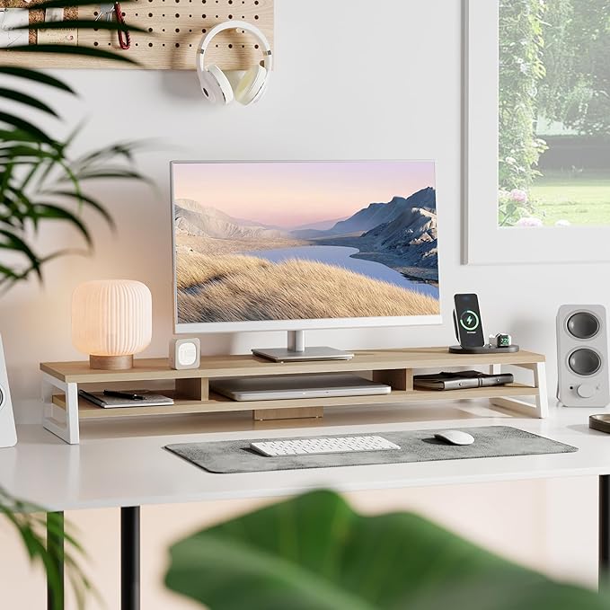 Fenge Dual Monitor Stand for Desk, 42.5in Large Monitor Riser for 2 Monitors, 2 Tier Computer Office Desk Top Shelf, Desktop Storage Stand for Laptop, PC, Computer, Printer