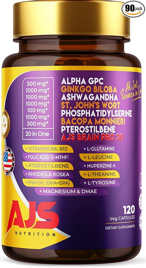 AJS Alpha GPC Nootropic Brain Supplement 90CT,Phosphatidylserine,St. John'sWort Ginkgo Biloba, Ashwagandha,Bacopa Monnieri,Pterostilbene,Magnesium Glycinate,Ginkgo Biloba (90 Count (Pack of 2))