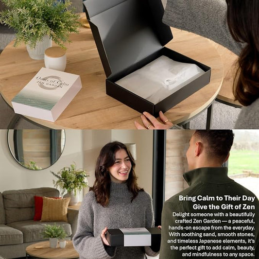 Oasis of Calm Zen Garden Kit. 11x8 Inch Beautiful Premium Japanese Decor Mini Meditation Gifts Set. Home, Office Desk Accessories. Zen Decor Sand Garden. Aqua Blue Sand, 6 Tools, 6 Features incl rocks