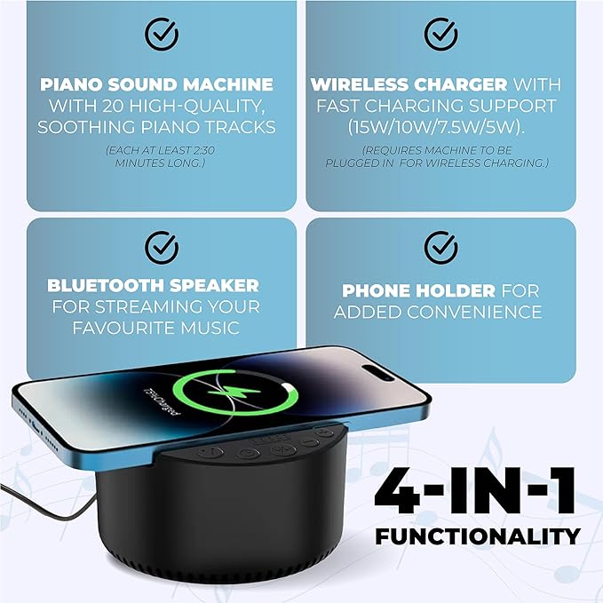 Piano Sound Machine with 20 Soothing Piano Sounds, Bluetooth Speaker and Wireless Charger with Memory Function, Sleep Timer Baby Kids Adults Pets Sound Therapy for Home Office Travel