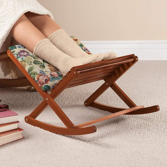 Deluxe Foldable Rocking Footrest, Adjustable Fold-Away Foot Stool with Tapestry Cushion