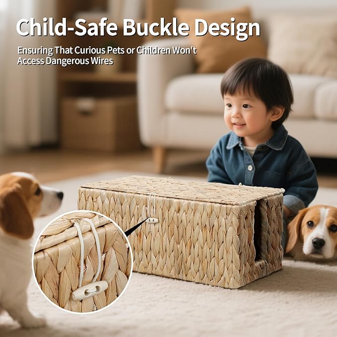 Cable Management Box,Hand-Woven Water Hyacinth Decorative Cord Organizer,2 Side Open Slots Wicker Cable Box to Hide Cords and Power Strip,for Desk, Floor, Office,2 Pack