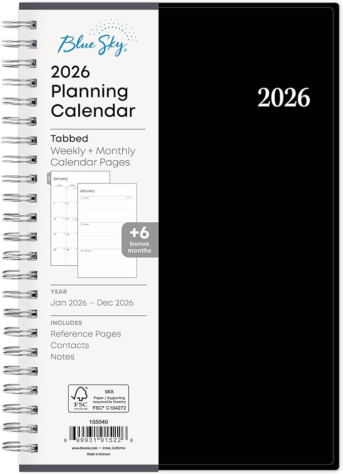 Blue Sky 2026 Weekly and Monthly Planner Calendar, Includes January 2026 - December 2026, 5" x 8", Flexible Cover, Wirebound, Laminated Tabs, Enterprise