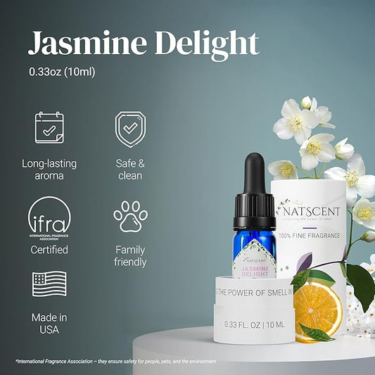 Jasmine Delight Essential Oils for Diffusers for Home, Nature-based Jasmine Essential Oil, Long-lasting & Family-friendly Diffuser Oils Scents, IFRA Certified, Cold Air & Ultrasonic – 0.33 oz