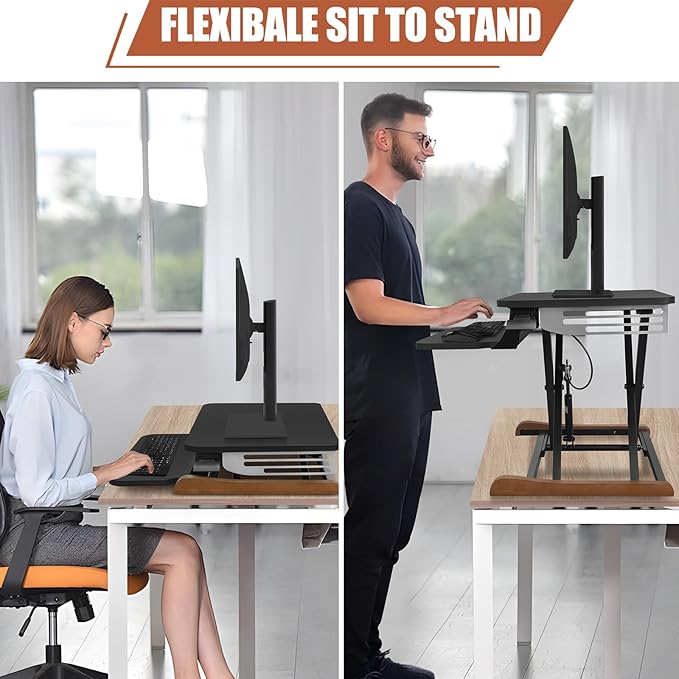 Height Adjustable Standing Desk Converter with Keyboard Tray, 26x16 Inch, Sit to Stand Desk Riser with Elegant Side Cover and Wooden Feet, Compact Monitor and Laptop Riser for Home & Office, Black
