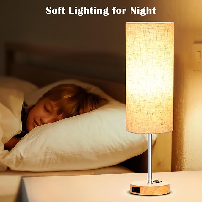 ZJOJO Table Lamp for Bedroom 2 Pack,18in Bedside Lamps with 3 Way Dimmable Rocker Switch & AC Outlet,Nightstand Desk Lamp with Flaxen Fabric Shade Woodgrain Base for Living Room Home Decor Lights