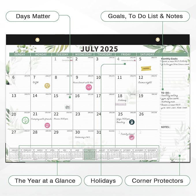 Ospelelf 2025-2026 Calendar Magnetic Desk Wall Desktop Monthly Planner from July 2025 to December 2026 Large To Do Pad with Plastic Cover for Office 17" X 12" Plant