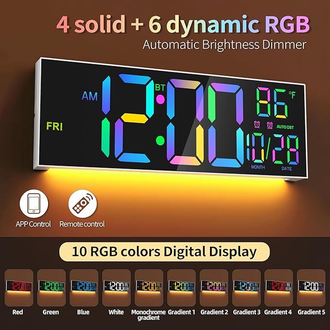 16.5" Large LED Wall Clock with Bluetooth Sync, Night Light, DST, 2 Alarms, RGB Color, Temperature, Remote Control, 12/24H, Timer for Living Room, Bedroom, Desk, Gift for Mother Father Elderly