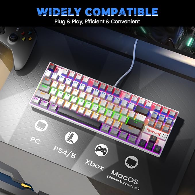 Redragon K552 Mechanical Gaming Keyboard, 87-Key Compact, LED Gaming Keyboard with Red Switches, Anti-Ghosting, Metal Frame for PC Gaming & Typing, Beginner-Friendly (Polar Monolith)