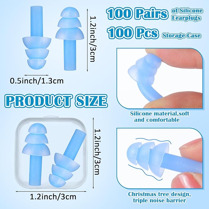 TrelaCo 100 Pairs Ear Plugs Bulk, NRR 29dB Reusable Silicone Ear Plugs with Plastic Cases Soft Foam for Sleeping Noise Cancelling for Concerts Shooting Swimming Noise Reduction(Light Blue)