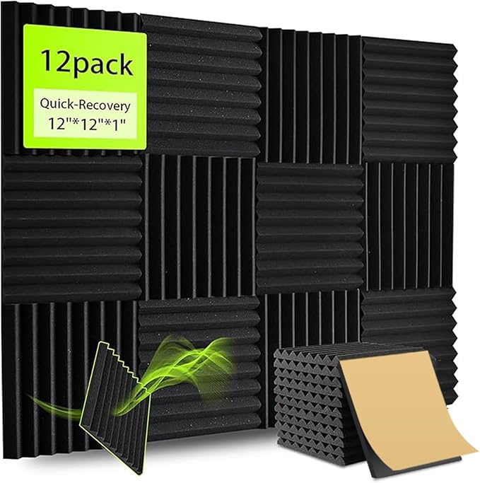 12 Pack Sound Proof Foam Panels for Walls 12x12x1 Inches, Self-Adhesive Wedges Acoustic Panels Sound Absorbing, Acoustic Foam Panels for Recording Studio, Home, Office