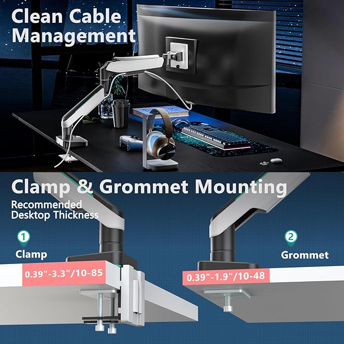 WALI Heavy Duty Monitor Arm, Monitor Stand for Screen up to 49 inch, 44 lbs, Aluminum Ultrawide Computer Mount for Samsung Odyssey G9, Adjustable, Mounting Holes 75 and 100 (GAM001XL), White