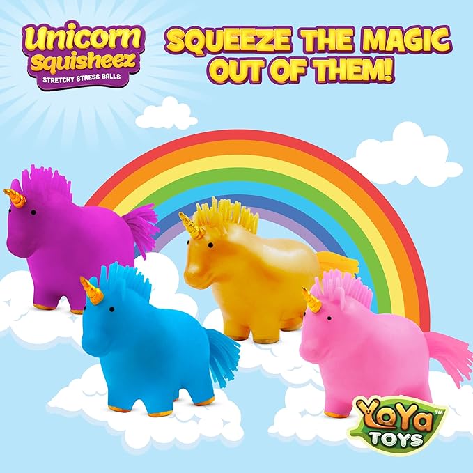 YoYa Toys Unicorn Squisheez Squishy Stress Relief Balls (Set Of 4) | Stretchy Magical Fidget Toys For Boys, Girls & Adults | Cute Colorful Sensory Squeeze Stretch Toy | Great For ADHD, Autism, Anxiety