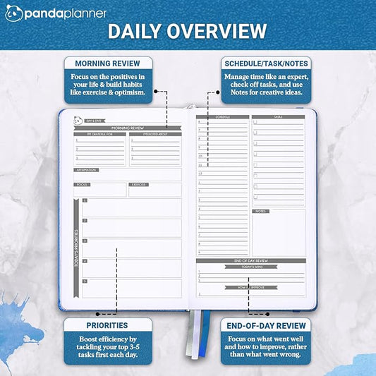Panda Planner 2025-2026 – Undated Classic Daily Planner & Hourly Schedule Planner Notebook – Productivity Planner for Focus & Goals – Blue