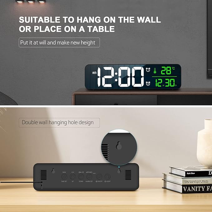 Digital Clock, Clock for Bedroom, Digital Wall Clock, Clocks for Living Room Decor, Desk Clock, Table Clock, Digital Clock Large Display, Smart Alarm Clock for Office Green (Wired Black+Green Digit)