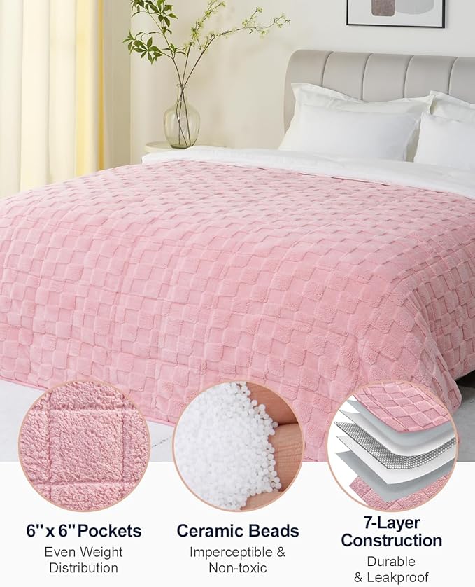 Kivik Dual Sided Weighted Blankets for Adults, Buttery Soft Stylish Checkered Heavy Blankets for Couch Sofa Bed - Ultra-Fluffy Fabric Brings Cloud-Like Comfort (60"x80", Pink, 15 Pounds)
