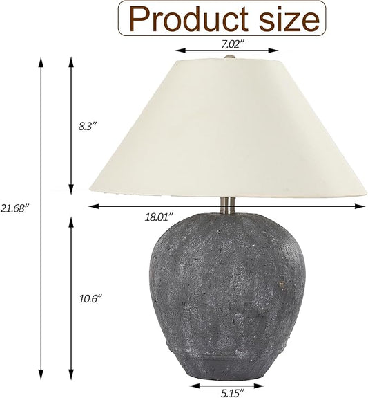 Pia Ricco 21'' Large Gray Base Ceramic Basin Table Lamp for Bedroom, Living Room, Dining Room, Office, White Shade