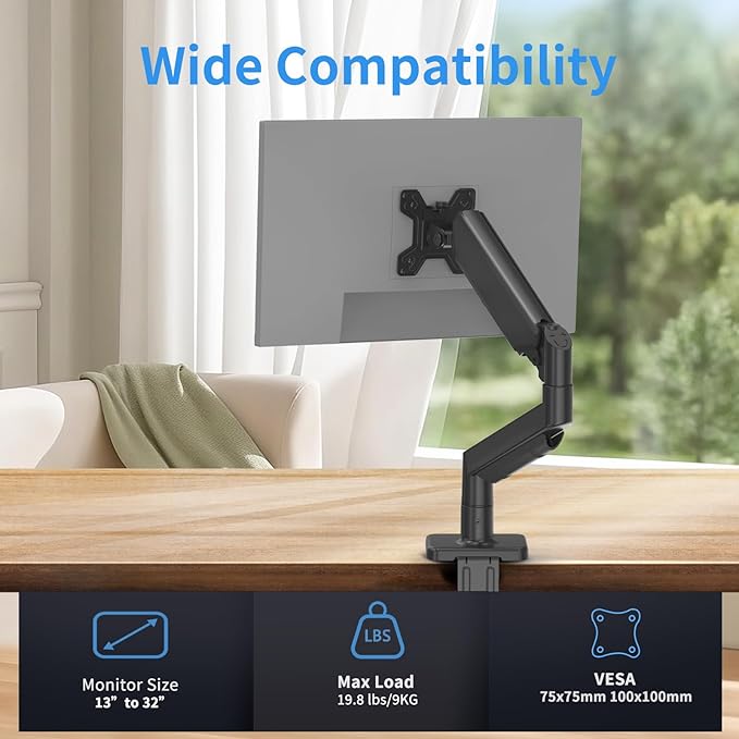 Single Monitor Stand for 13 to 32 inch Screens, Gas Spring Monitor Arm with Swivel, Tilt, Rotation, Height Adjustable, Desk Mount with C-Clamp and Grommet Base, Holds 4.4 to 19.8lbs Screen, Black