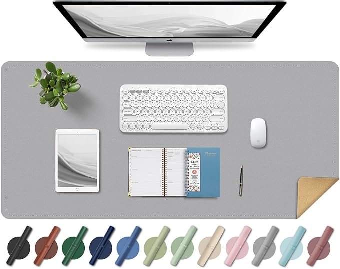 BLESWIN Large Desk Pad 35.4"" x 17"", Non-Slip Desk Mat with PU Leather & Natural Cork, Waterproof Writing Desk Natural Cork, Computer Mat Desk Protector for Office Home, Light Grey