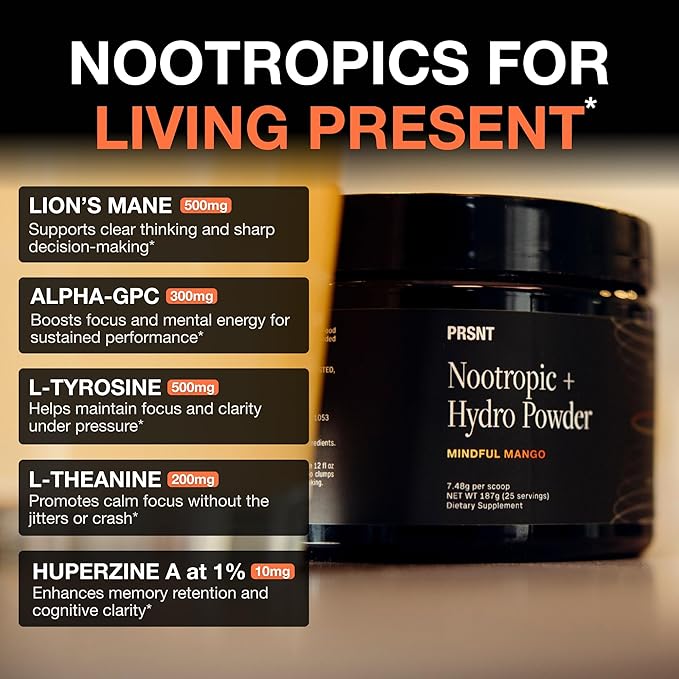 PRSNT Nootropic Drink Powder – Mango Flavor – Focus, Energy & Brain Boost Supplement – Lions Mane, Alpha GPC, L-Tyrosine, Magnesium, Electrolytes – 25 Servings, Caffeine-Free, Sugar-Free