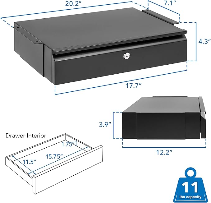 Mount-It! Under Desk Pull-Out Drawer with Lock and 2 Keys Included | Office Storage Organizer | Mounts to Desktops Tables and Workbenches Over 0.71 Inches Thick | Matte Black